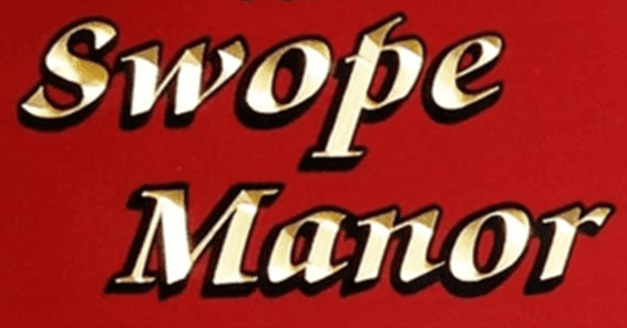 Text reading "Swope Manor" in a decorative font against a red background.