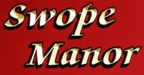 Text reading "Swope Manor" in stylized gold letters on a red background.